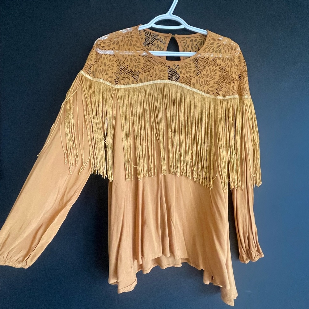 Mustard coloured fringe and lace blouse